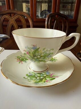 Crownford England Lily of Valley Forget me notes fine bone china Teacup & Saucer